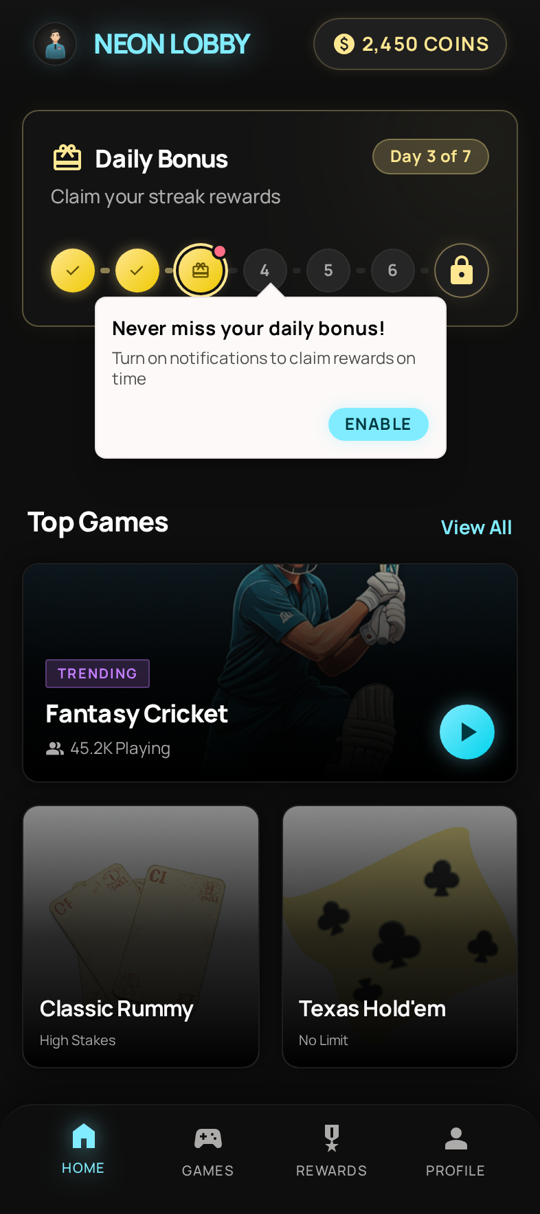 Gaming app showing a tooltip push notification opt-in anchored to the Daily Bonus feature card