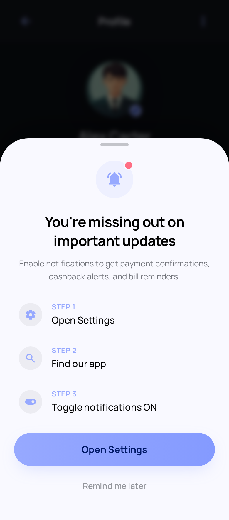 Fintech app bottom sheet guiding users to re-enable push notifications from device settings with step-by-step instructions