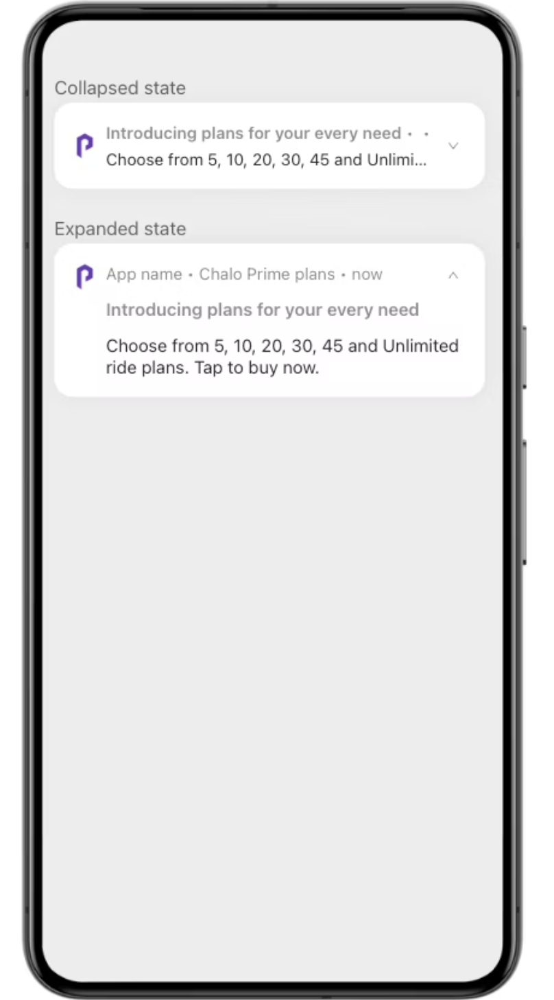 Chalo push notification showing collapsed and expanded states for Chalo Prime plans