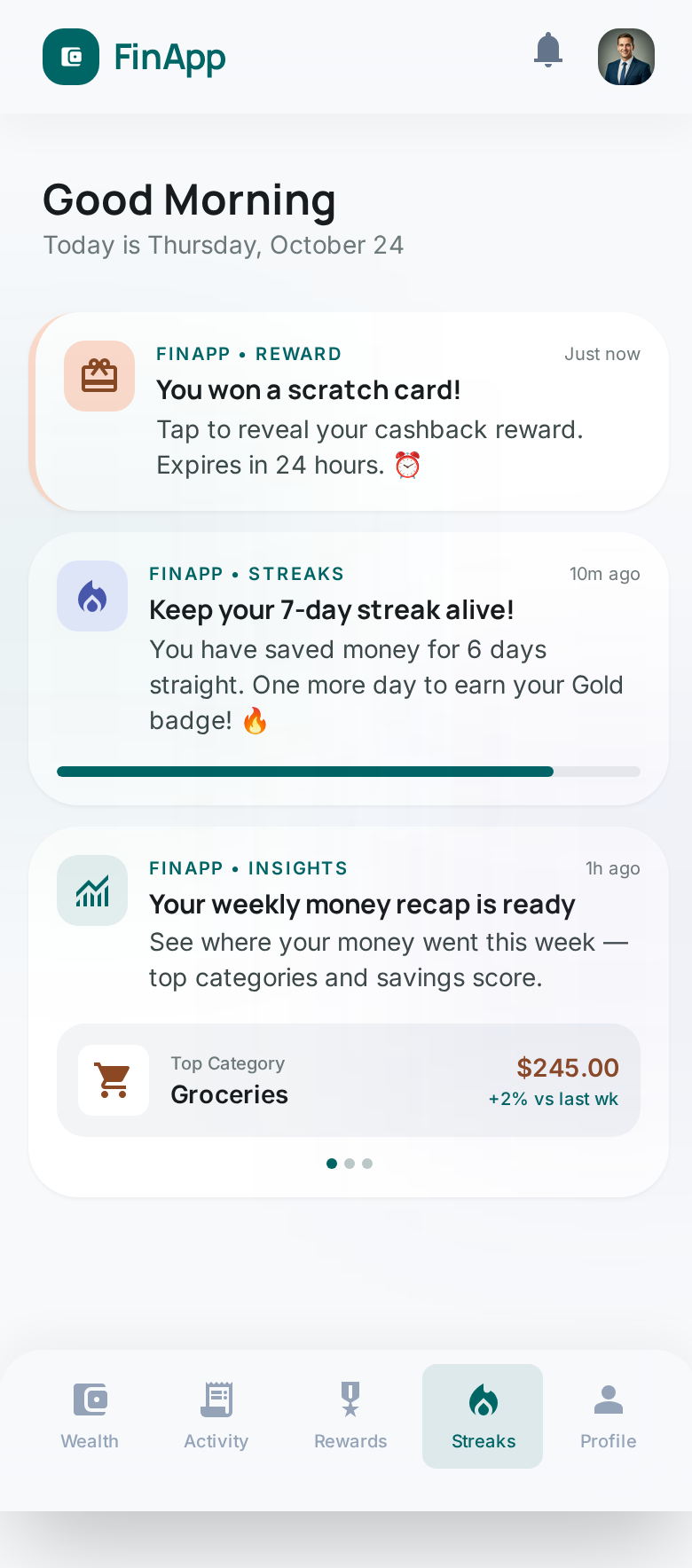 Push notification examples for retention — scratch card rewards, savings streaks, and weekly money recaps