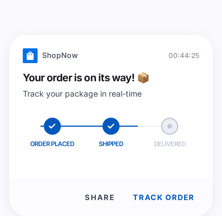 Milestone progress tracker push notification showing order status with steps for Order Placed, Shipped, and Delivered