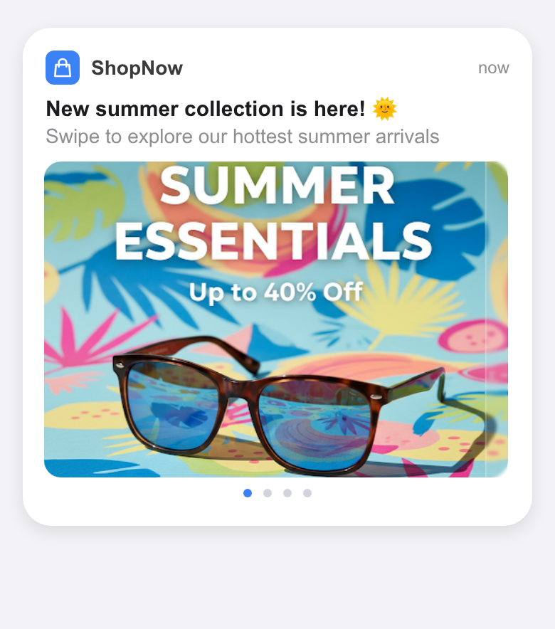 Auto-scroll carousel push notification for e-commerce showing summer essentials with product images and swipe indicators