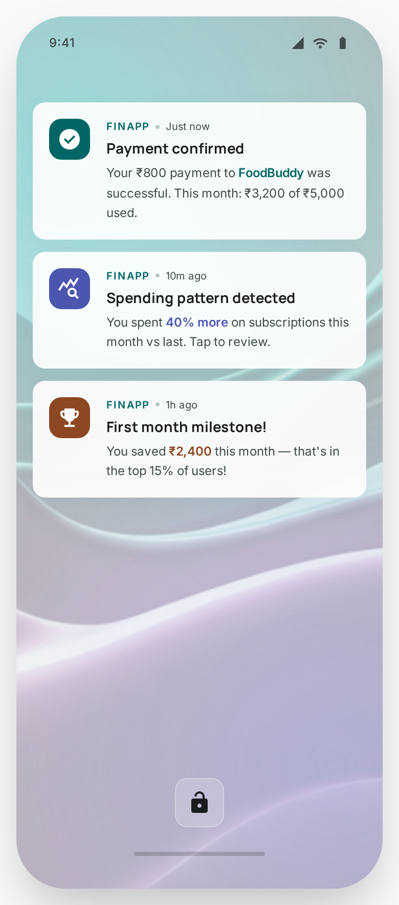 Push notification examples for fintech activation — transaction confirmation, spending insights, and milestone celebration