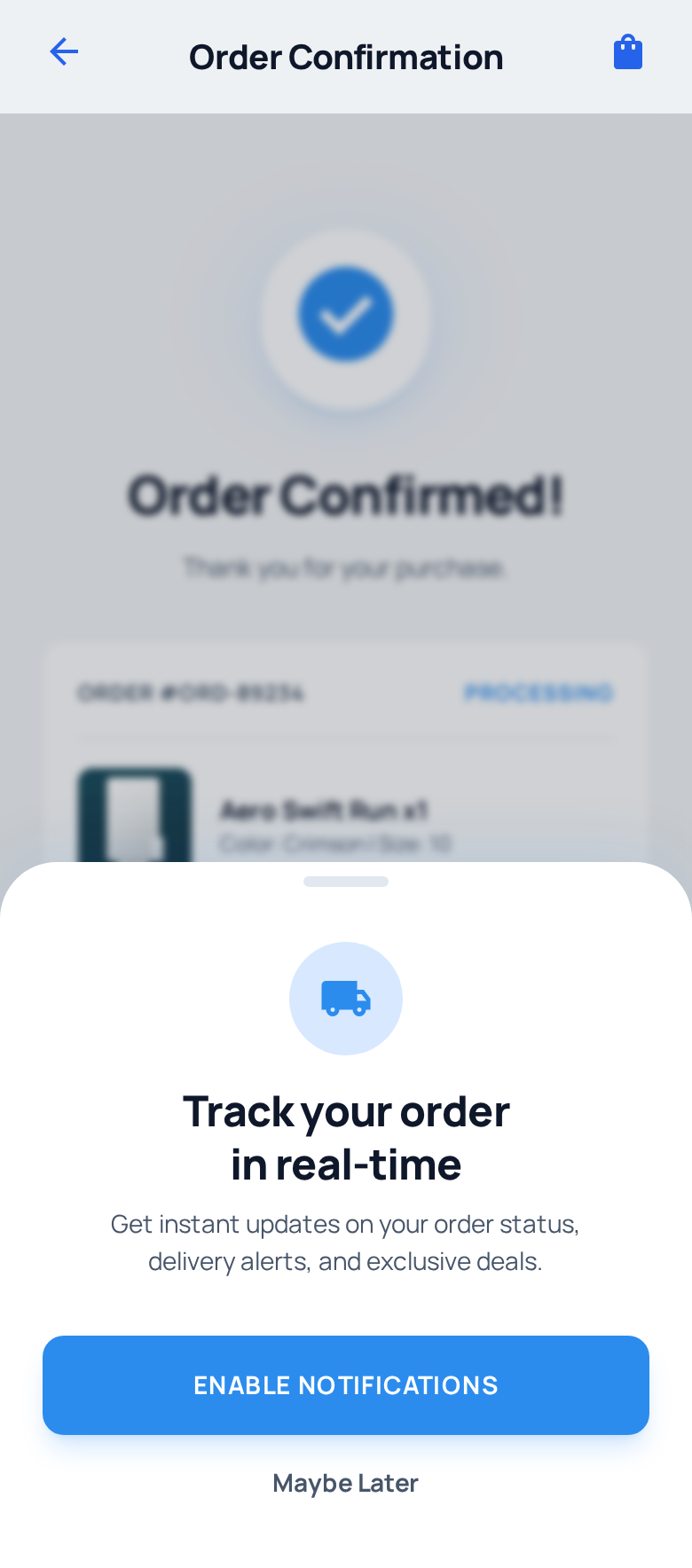 E-commerce app showing push notification opt-in bottom sheet after order confirmation with delivery tracking value proposition