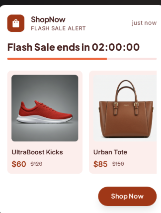 Timer with carousel push notification for e-commerce flash sale showing countdown timer, product carousel with sneakers and handbag, and Shop Now CTA