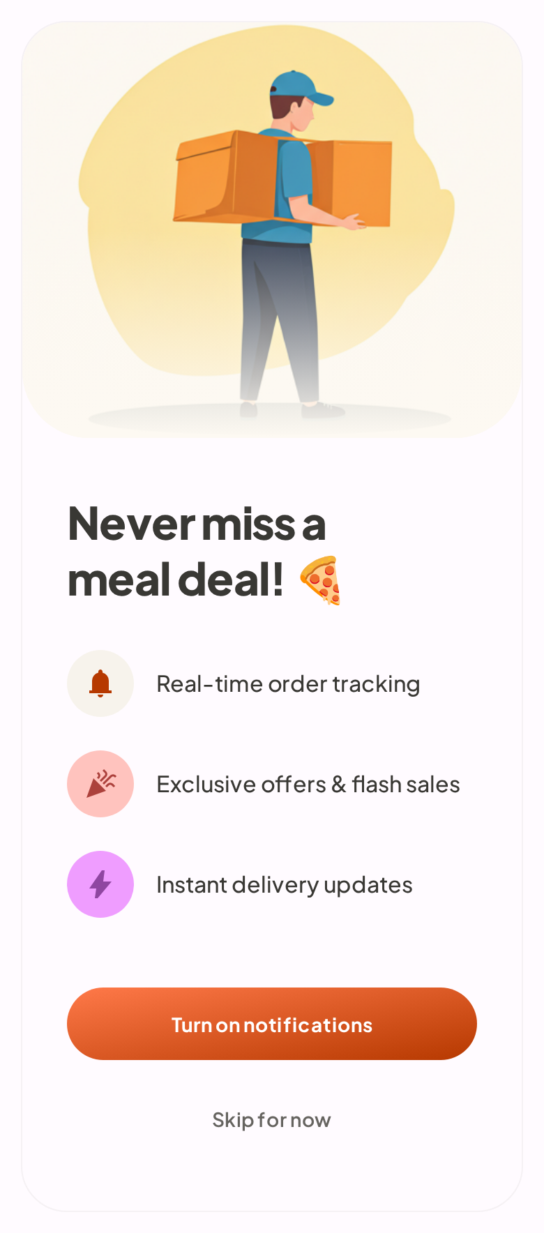 Food delivery app full-screen push notification opt-in page with illustration, benefit list, and turn on notifications CTA