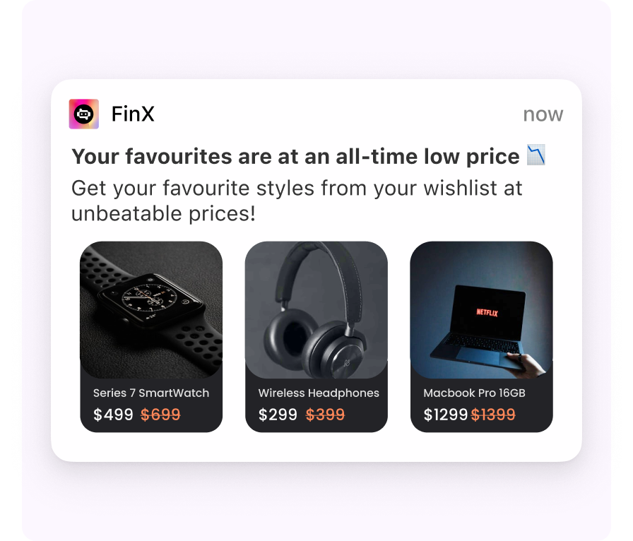Grid layout push notification showing wishlist items with price drops