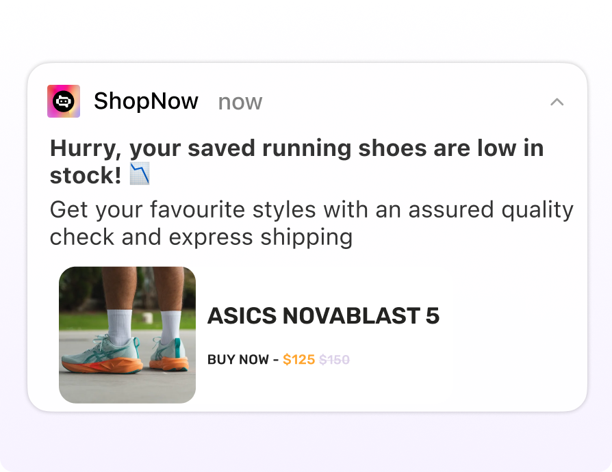 Personalized push notification showing low stock alert for saved running shoes with product image and buy now CTA