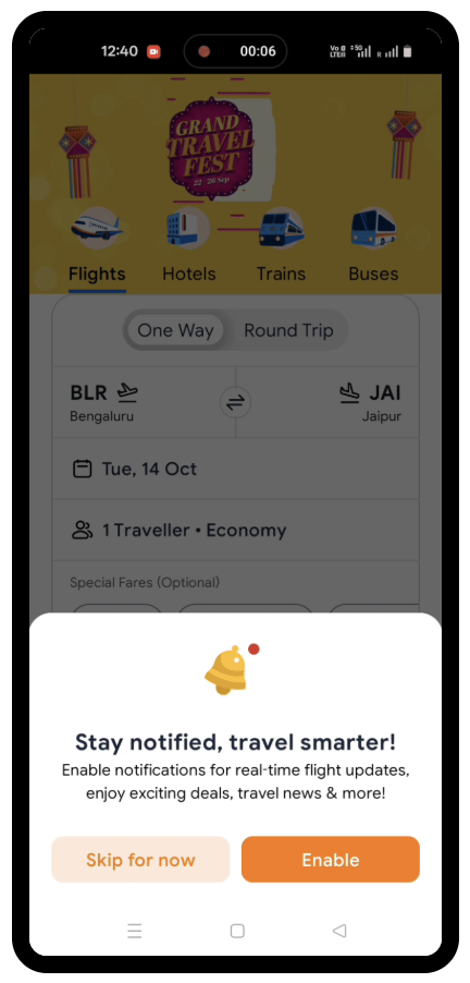 Ixigo push notification opt-in bottom sheet built with Plotline, with contextual messaging about flight updates and travel deals